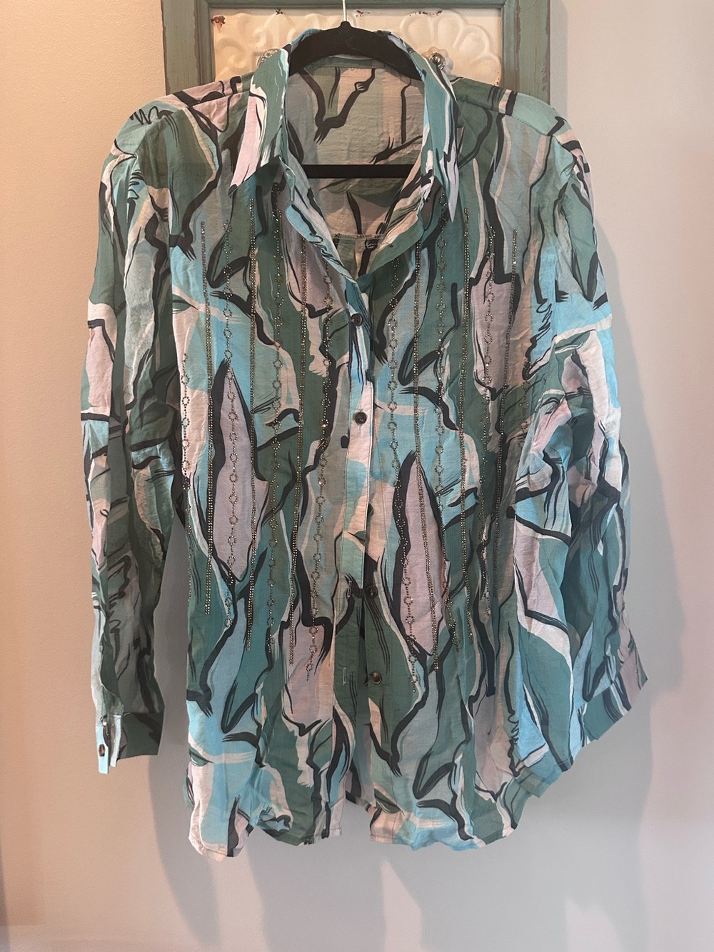 NWT Galita Abstract Print Rhinestone Button Down Shirt Large Green Blue Boho
